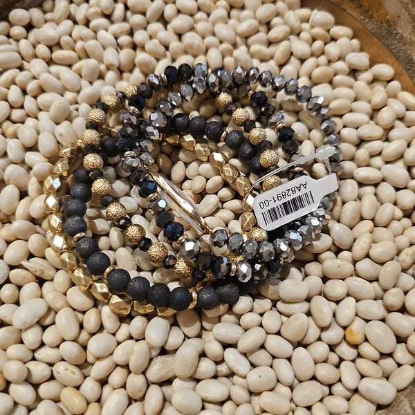 Metallic Charcoal, Golden & Black Beaded Bracelet Set