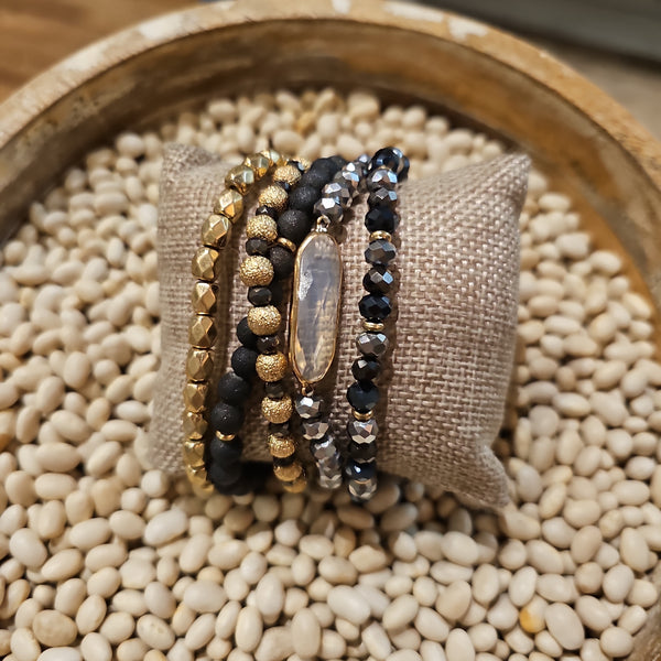 Metallic Charcoal, Golden & Black Beaded Bracelet Set