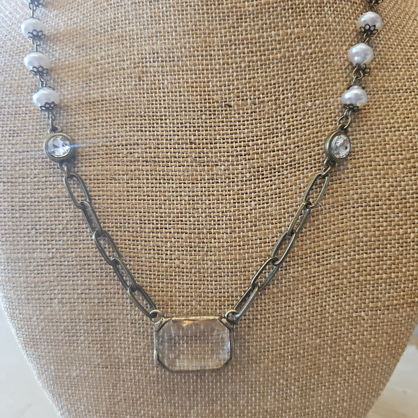 #10 Pearl with Rectangular Crystal Necklace