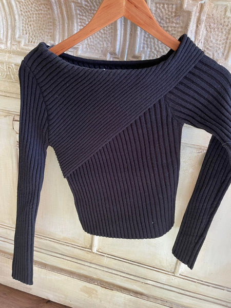 Black Fold Over Cropped Sweater
