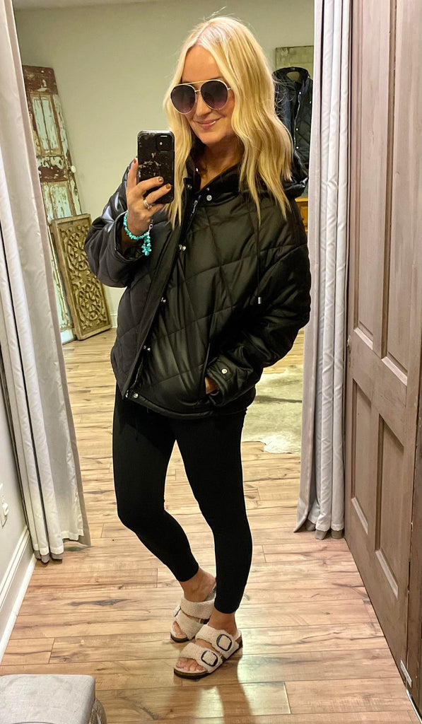 Black Vegan Leather Quilted Hooded Jacket