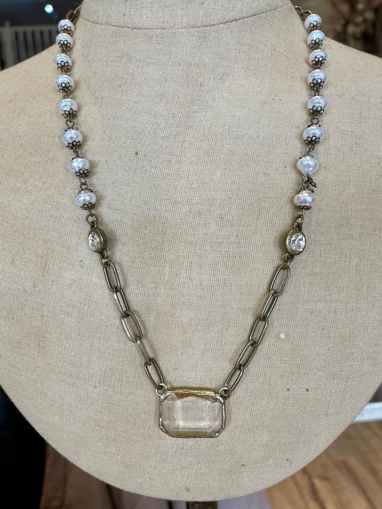#10 Pearl with Rectangular Crystal Necklace