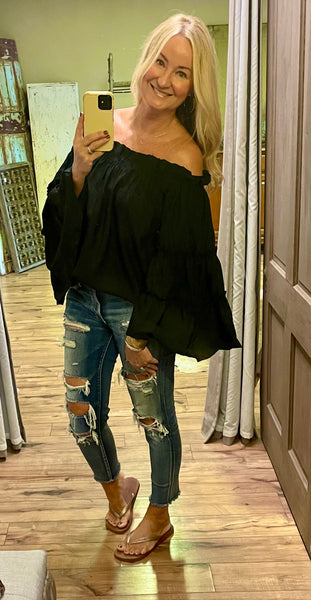 Black off the shoulder bell sleeve blouse