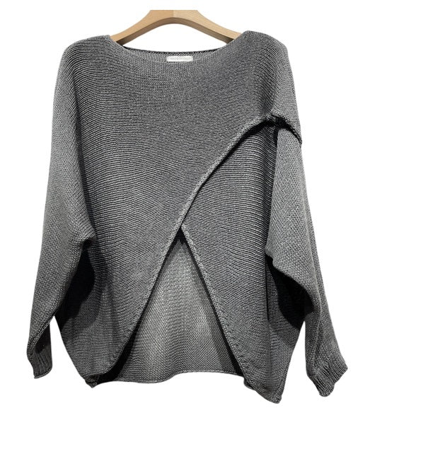 Cotton Cross-Over White Knit Sweater Grey