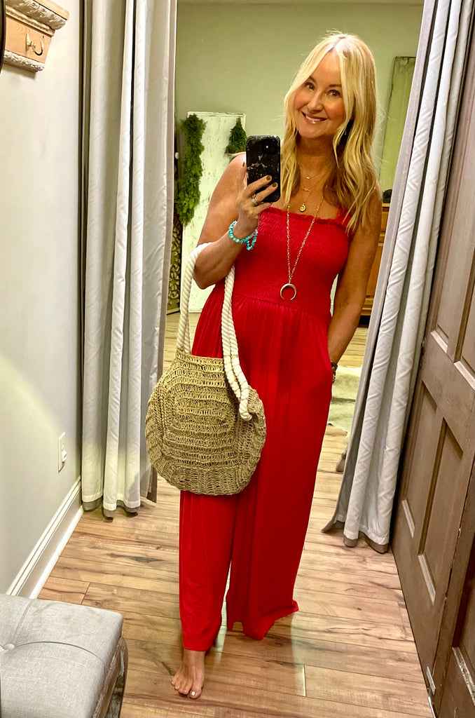 Cherry Red Smocked Top Jumpsuit