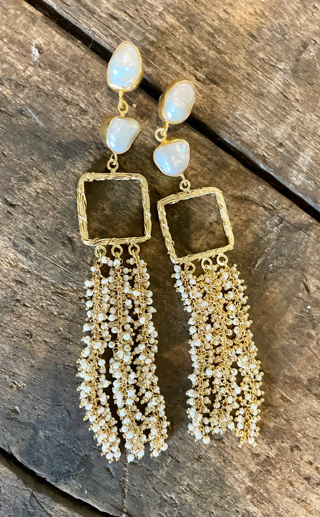 Pearl Square & Beaded Strand Earring