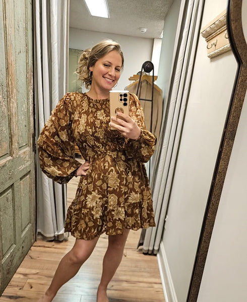 Brown floral smoked mini dress