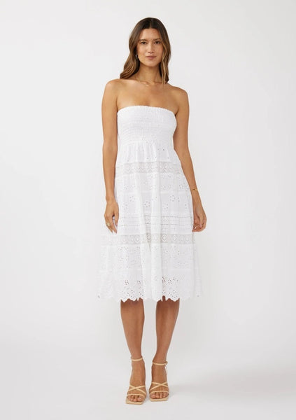 Strapless White Eyelet Midi Dress