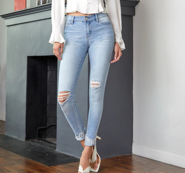 Cuffed Mid Rise Ankle Skinny Jeans